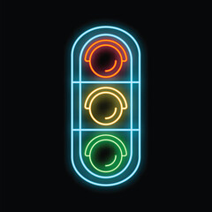 Poster - Glowing neon traffic light with red, yellow and green lights on a black background