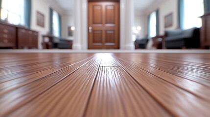 Brown wooden door radiates warm light, leading to the universe, set in a room with textured wooden floor, symbolizing transition and exploration in a captivating 3D animation.