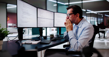 Fototapete - Unhappy Sad Developer Programmer Man In Stress Coding Software