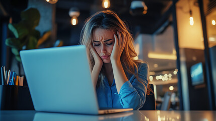 Frustrated woman working on laptop in modern office.