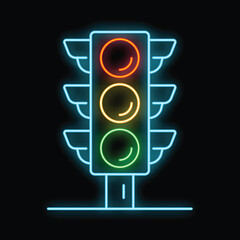 Poster - Neon traffic light is glowing red, yellow, and green on a dark background