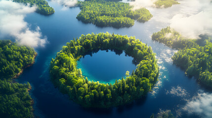 Wall Mural - Aerial View of the round island of the lake in the middle from above with forest and ocean