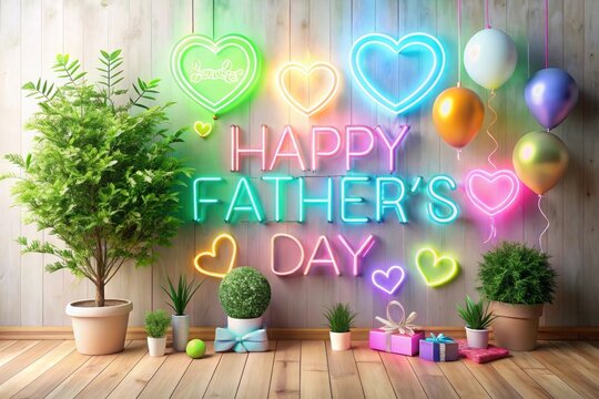 Happy Father's Day Text in Neon Style on Wall