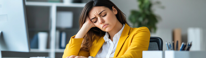 Stressed woman in yellow blazer at her office desk