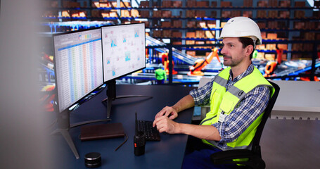 Poster - Warehouse Manager Sitting At Desktop Computer. Delivery Logistic