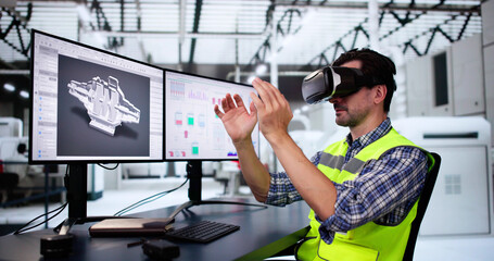 Canvas Print - Virtual Reality Headset And Industrial Factory. VR Technology