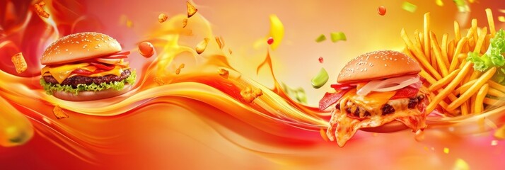 Poster - Brightly colored abstractions showcase popular fast food icons, including burgers and fries, creating an energetic and playful display. Generative AI