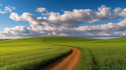 Wall Mural - Scenic path through lush green field under stunning cloudy sky