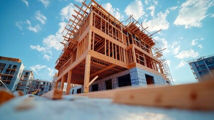 Poster - Dynamic time lapse of wooden roof beams being constructed against a vibrant blue sky, fluffy clouds drifting by, showcasing the progress of home building.