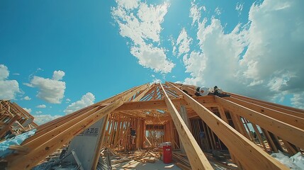 Poster - Wooden roof beams rising in a new home construction, under a vibrant blue sky, with fluffy clouds drifting, showcasing the dynamic progress of building a dream home.