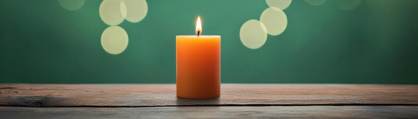 A warm, lit orange candle sits on a wooden surface against a soft green background, creating a tranquil atmosphere.