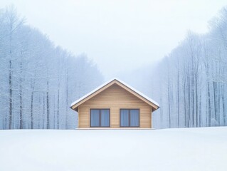 Poster - January wellness retreat in a snowy forest, cozy cabins with modern interiors, peaceful atmosphere