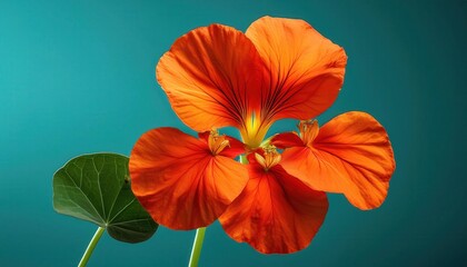 Poster - Striking Close-Up of Vibrant Orange Geranium Petals with Radiant Veins Against a Soft Turquoise Background. Perfect for Nature Themed Designs, Minimalist Decor, and Fresh Botanical Concepts