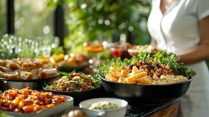 Poster - Person serving a balanced brunch with dietfriendly foods against a clean background