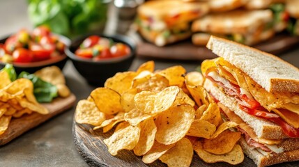 Aufkleber - Enjoy a tempting assortment of sandwiches paired with golden, crunchy potato chips, perfect for a midday meal or snack. Generative AI