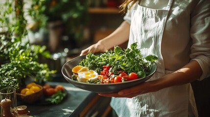 Poster - Person serving a balanced brunch with dietfriendly foods against a clean background