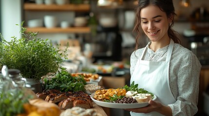 Poster - Person serving a balanced brunch with dietfriendly foods against a clean background