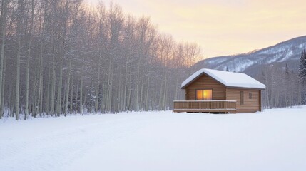 Poster - Experience enchanting February getaway offers, surrounded by a picturesque winter landscape, in a charming cabin adorned with warm, inviting illumination.