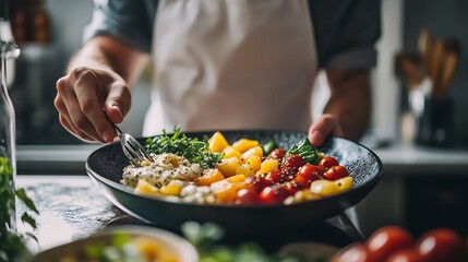 Poster - Person serving a caloriecontrolled brunch with fresh fruits and vegetables in a clean kitchen
