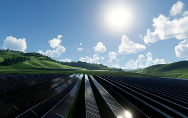 Renewable Energy - A solar farm under a bright sky, showcasing renewable energy technology in a natural landscape.