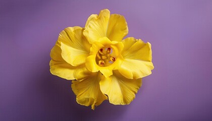 Poster - Vivid Yellow Wildflower in Full Bloom with Detailed Petals and Buds Against a Soft Purple Background. Ideal for Nature Inspired Designs, Botanical Studies, or Wellness and Beauty Campaigns