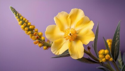 Poster - Vivid Yellow Wildflower in Full Bloom with Detailed Petals and Buds Against a Soft Purple Background. Ideal for Nature Inspired Designs, Botanical Studies, or Wellness and Beauty Campaigns