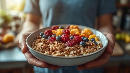 Poster - Person serving a detox breakfast with highfiber foods in a clean and elegant kitchen