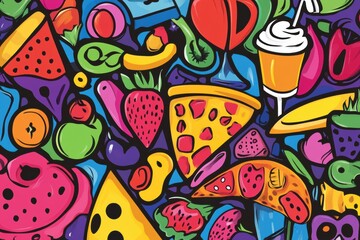 Aufkleber - Bright and playful doodles depict a variety of foods including pizza, ice cream, fruits, and drinks, creating an engaging and lively design. Generative AI