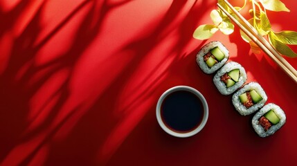 Poster - Enjoy a plate of fresh Japanese sushi rolls filled with cucumber, complemented by soy sauce and chopsticks, set against a vivid background. Generative AI
