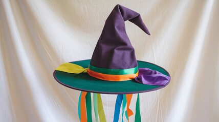 Playful witch hat with colorful ribbons, perfect for Halloween or costume parties. Its vibrant colors and unique design add fun touch to any festive outfit