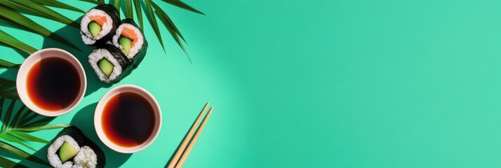 Poster - Enjoy a colorful display of sushi rolls filled with cucumber, paired with soy sauce bowls and chopsticks on a bright background. Generative AI