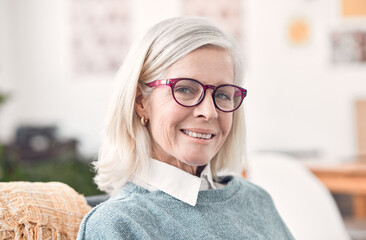 Wall Mural - Happy, glasses and portrait of mature businesswoman in office for creative company with entrepreneurship. Smile, spectacles and female copywriting ceo from New York for magazine agency with career.