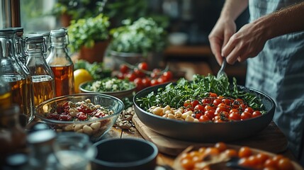 Poster - Person setting up a healthful meal in a clean modern dining area emphasizing dietfriendly foods