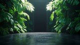 Dark tropical jungle scene with a spotlight illuminating a concrete floor.