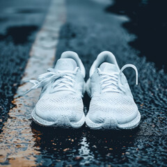 sports shoes pair on road