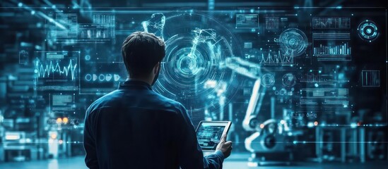 Poster - Man Analyzing Data on Digital Interface in Futuristic Factory