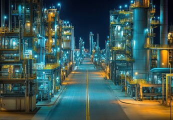 Vibrant Nighttime Scene of Industrial Refinery