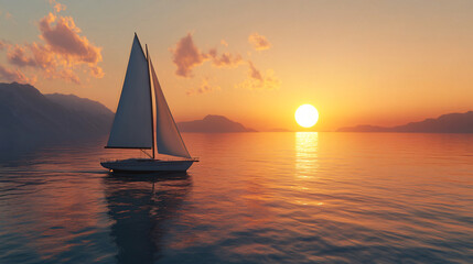 Wall Mural - A sailboat gliding smoothly on calm waters during sunset.