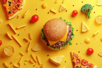 Poster - Colorful fast food icons like burgers and pizza are artistically arranged on a bright yellow background, creating a fun and whimsical display. Generative AI