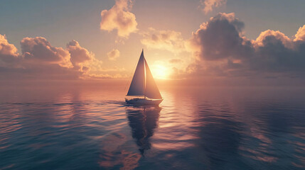 Wall Mural - A sailboat gliding smoothly on calm waters during sunset.