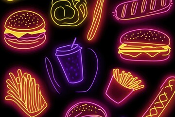 Aufkleber - Colorful neon outlines of popular fast-food items create a vibrant design on a dark background, showcasing burgers, fries, and hot dogs. Generative AI
