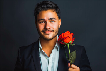 Handsome young Latino man in decent suit holding a stem of fresh red rose as a gift for his girlfriend, copy space, concept of propose, Valentine's Day