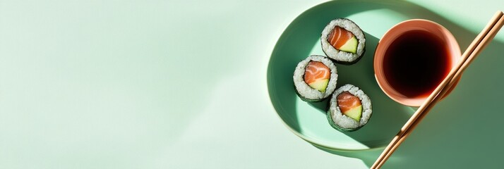 Poster - Savor three fresh sushi rolls with cucumber served alongside a bowl of soy sauce and chopsticks on a soft pastel background. Generative AI