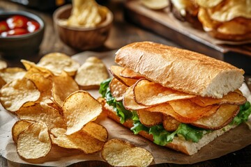 Aufkleber - Crispy potato chips surround a hearty sandwich layered with fresh lettuce, enjoyed in a cozy dining setting. Generative AI