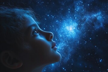 Wall Mural - a child gazes in wonder at a starry night sky, symbolizing curiosity and imagination.