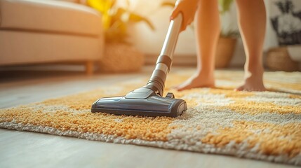 Poster - Person using a vacuum cleaner on a rug focusing on hygiene and home cleanliness