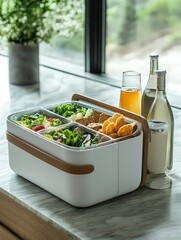  Modern picnic basket with an insulated interior, crafted to keep food fresh and cool for outdoor meals and gatherings. Practical and stylish.