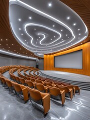  Large, modern auditorium with curved seating and sleek lighting, designed for presentations, lectures, or events.