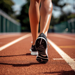 Beautiful female athlete legs wearing running shoes and jogging on a synthetic surface of running track