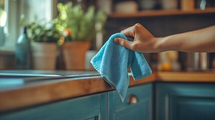 Poster - Person wiping down a dusty kitchen cabinet with a rag showcasing home maintenance and cleanliness